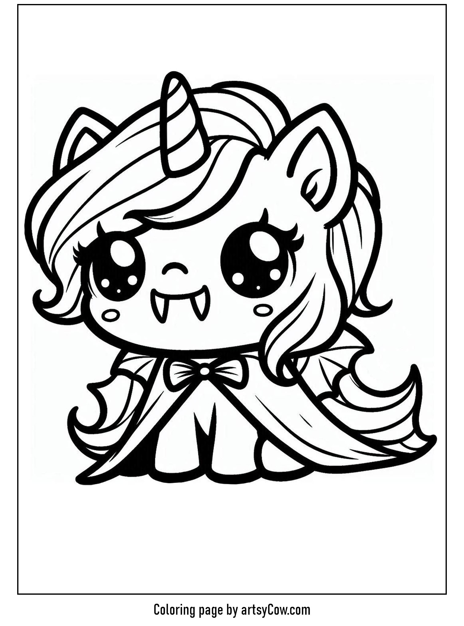 halloween coloring pages with unicorn 2 featuring a cute unicorn dressed as a vampire with a cape and fangs.